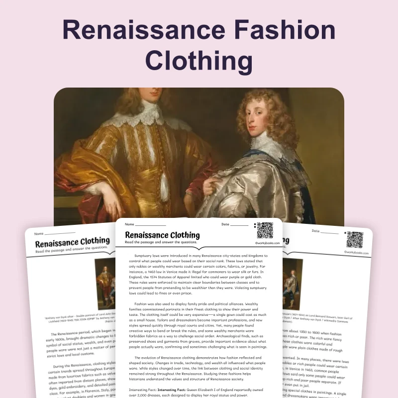 Renaissance Clothing — reading — reading comprehension for Grade 5, Grade 6, Grade 7, Grade 8, page 1 of 4