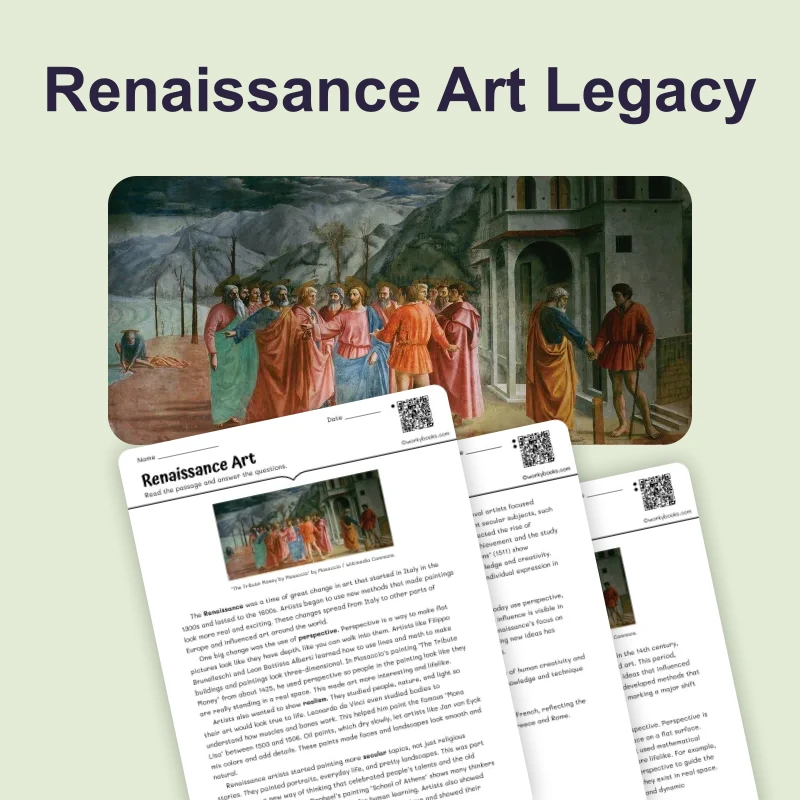 Renaissance Art and Artists — reading — reading comprehension for Grade 5, Grade 6, Grade 7, Grade 8, page 1 of 4