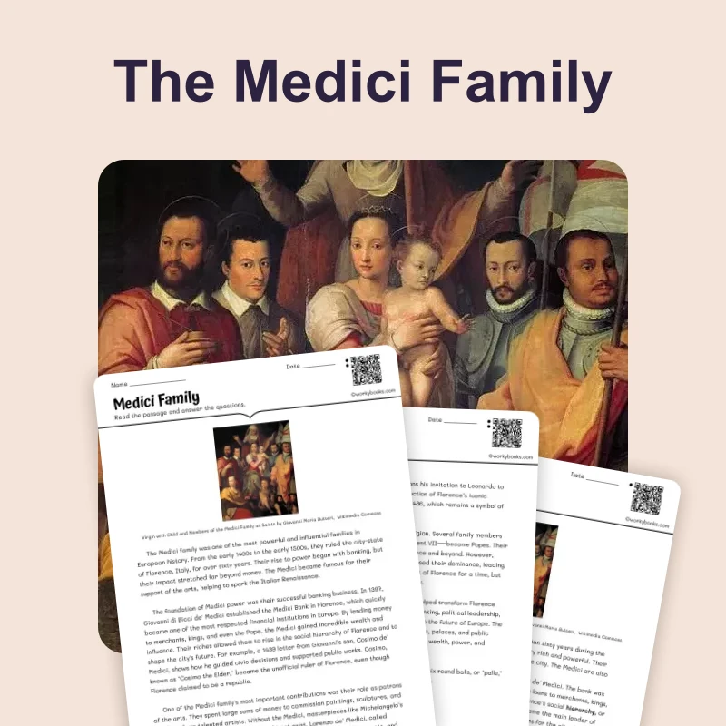 Medici Family — reading — reading comprehension for Grade 5, Grade 6, Grade 7, Grade 8, page 1 of 4