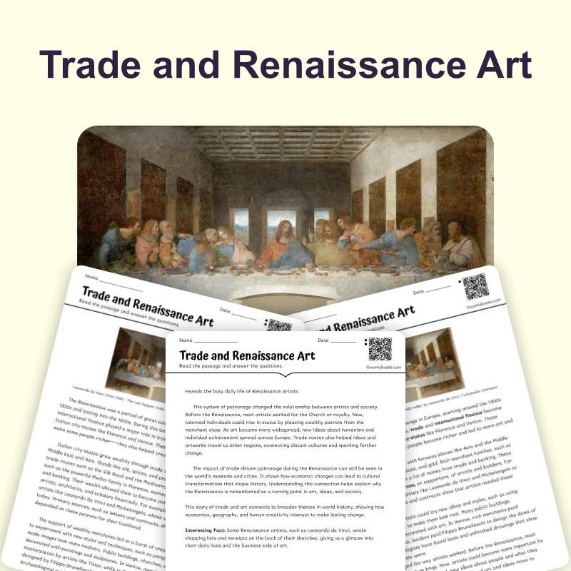Trade and Renaissance Art — reading — reading comprehension for Grade 5, Grade 6, Grade 7, Grade 8, page 1 of 4