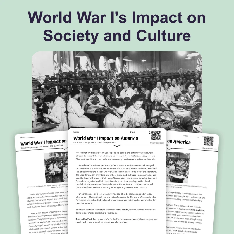 World War I Impact on America — reading — reading comprehension for Grade 5, Grade 6, Grade 7, Grade 8, page 1 of 4
