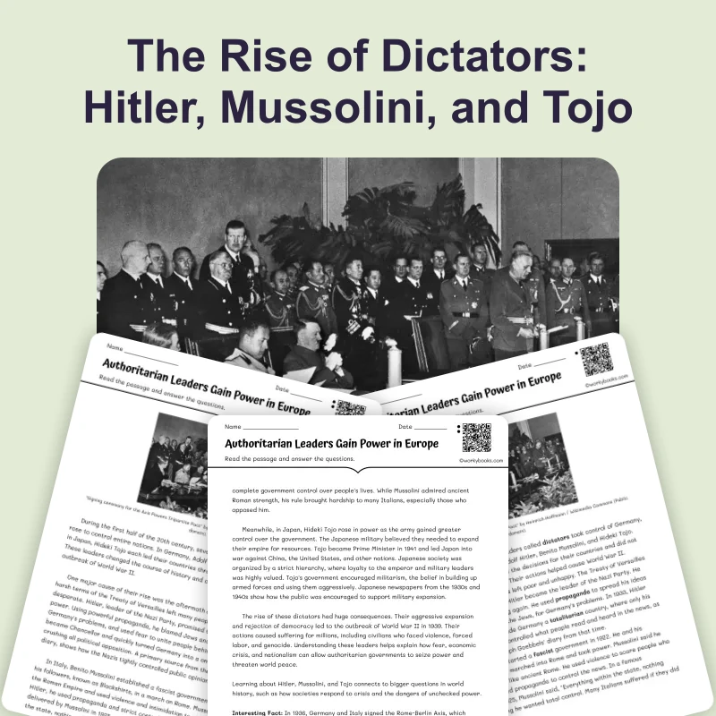 Authoritarian Leaders Gain Power in Europe — reading — reading comprehension for Grade 5, Grade 6, Grade 7, Grade 8, page 1 of 4