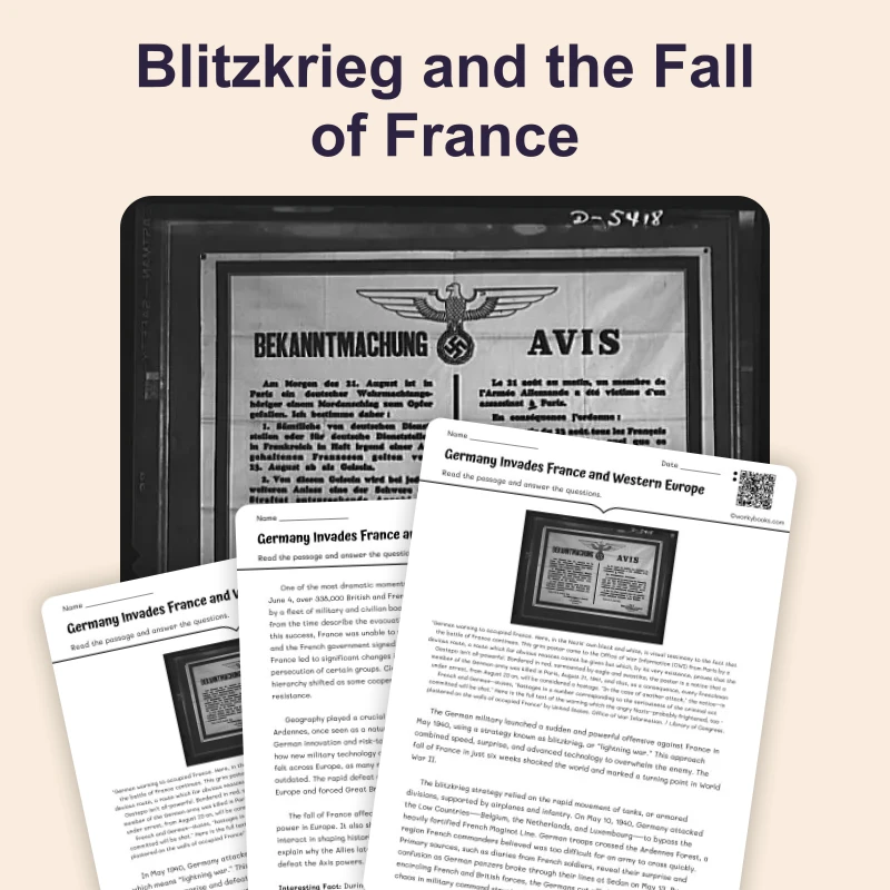 Germany Invades France and Western Europe — reading — reading comprehension for Grade 5, Grade 6, Grade 7, Grade 8, page 1 of 4