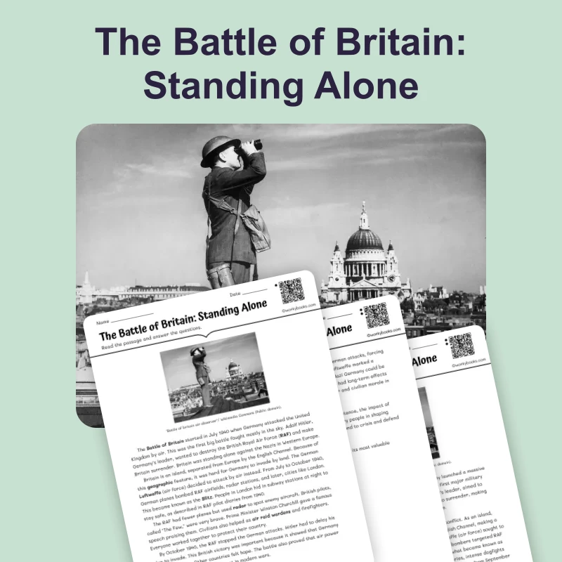 Germany Attacks Britain from the Air — reading — reading comprehension for Grade 5, Grade 6, Grade 7, Grade 8, page 1 of 4