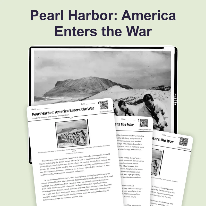 Japan Attacks Pearl Harbor — reading — reading comprehension for Grade 5, Grade 6, Grade 7, Grade 8, page 1 of 4