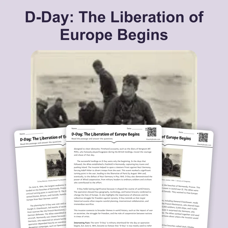 D-Day: The Liberation of Europe Begins — reading — reading comprehension for Grade 5, Grade 6, Grade 7, Grade 8, page 1 of 4