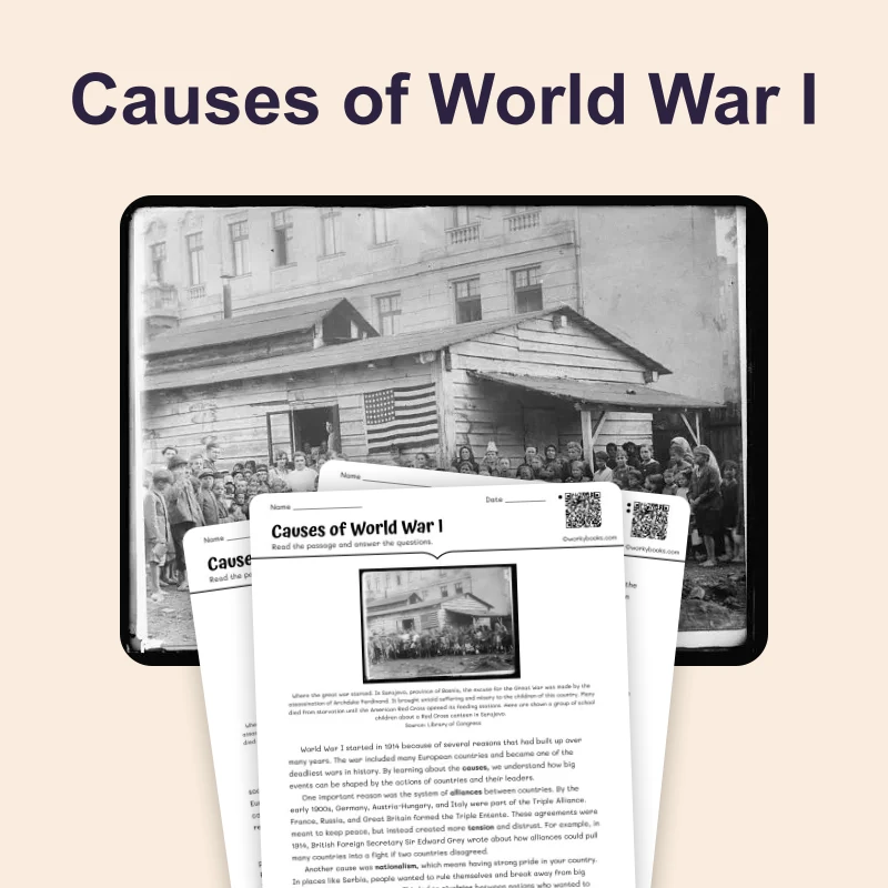 Causes of World War I — reading — reading comprehension for Grade 5, Grade 6, Grade 7, Grade 8, page 1 of 4