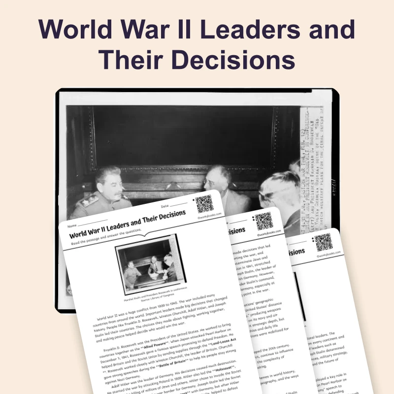 Leaders and Decisions in World War II — reading — reading comprehension for Grade 5, Grade 6, Grade 7, Grade 8, page 1 of 4