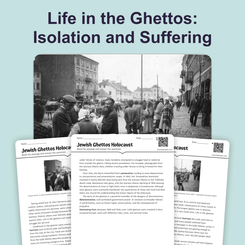 Jewish Ghettos — reading — reading comprehension for Grade 5, Grade 6, Grade 7, Grade 8, page 1 of 4