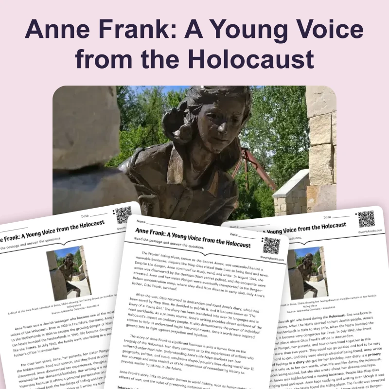 Anne Frank's Story — reading — reading comprehension for Grade 5, Grade 6, Grade 7, Grade 8, page 1 of 4