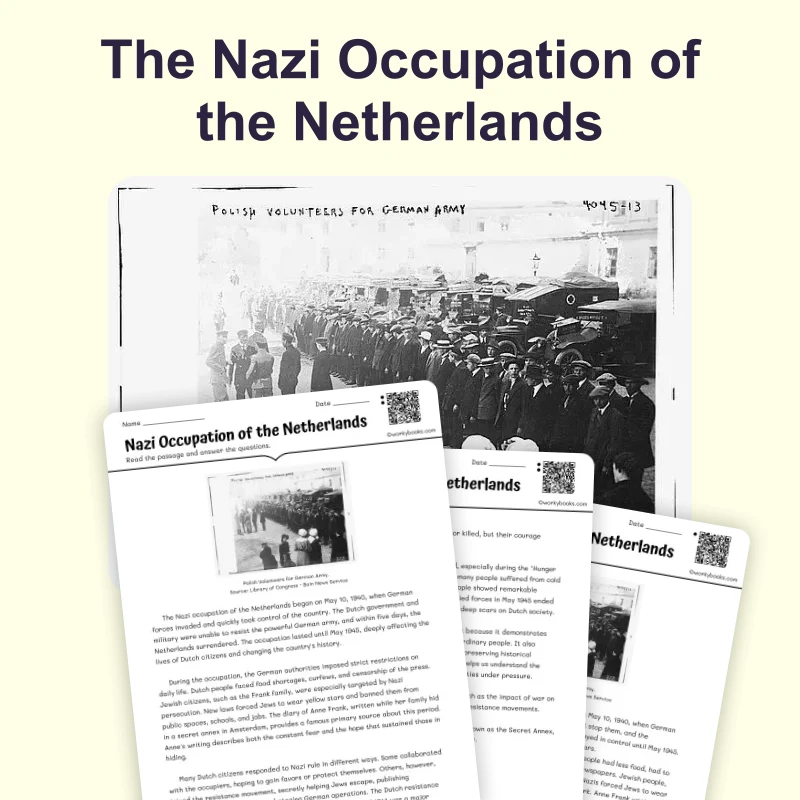 Nazi Occupation of the Netherlands — reading — reading comprehension for Grade 5, Grade 6, Grade 7, Grade 8, page 1 of 4