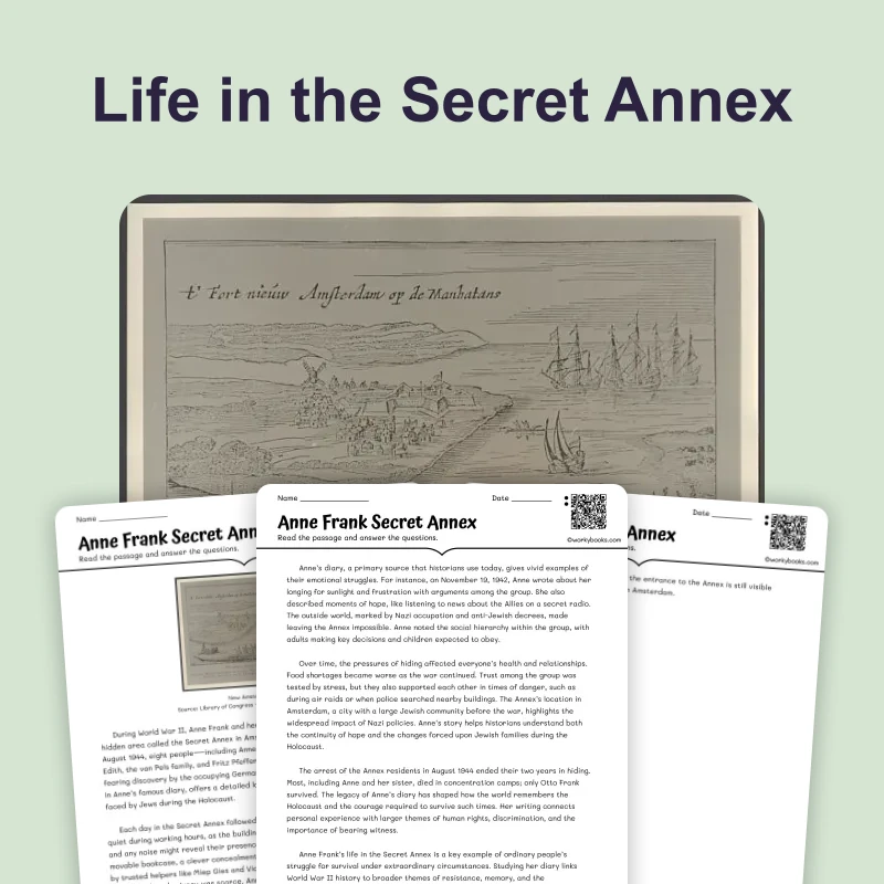 Anne Frank Secret Annex — reading — reading comprehension for Grade 5, Grade 6, Grade 7, Grade 8, page 1 of 4