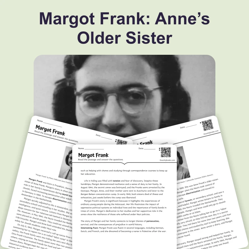 Margot Frank — reading — reading comprehension for Grade 5, Grade 6, Grade 7, Grade 8, page 1 of 4