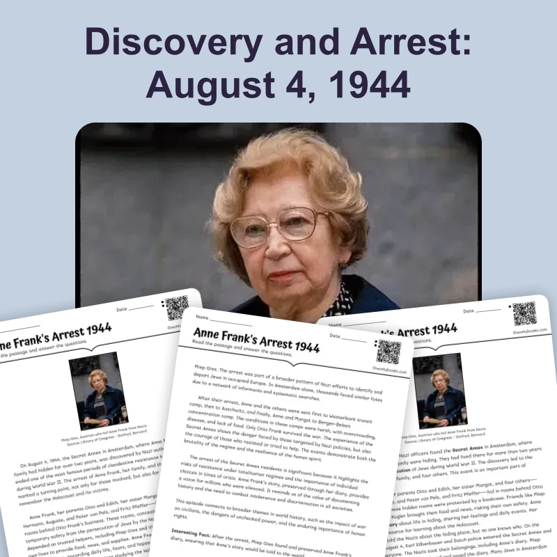 Anne Frank's Arrest 1944 — reading — reading comprehension for Grade 5, Grade 6, Grade 7, Grade 8, page 1 of 4