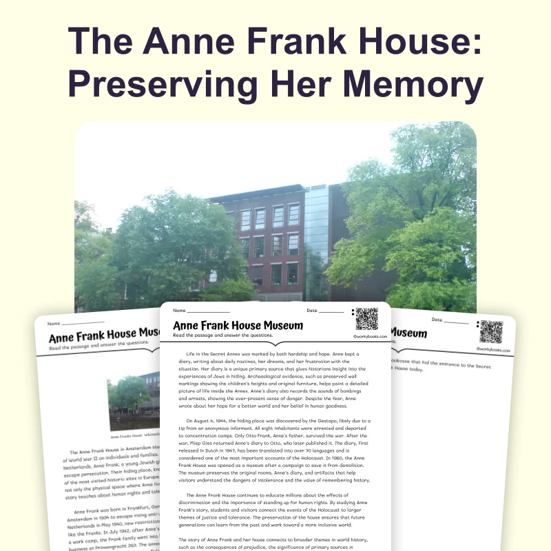 Anne Frank House Museum — reading — reading comprehension for Grade 5, Grade 6, Grade 7, Grade 8, page 1 of 4