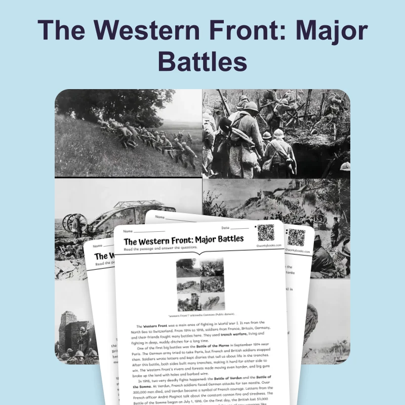 The Western Front in World War I — reading — reading comprehension for Grade 5, Grade 6, Grade 7, Grade 8, page 1 of 4