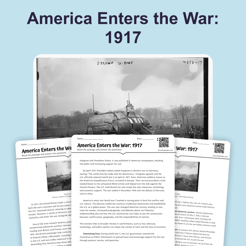 America Enters the War: 1917 — reading — reading comprehension for Grade 5, Grade 6, Grade 7, Grade 8, page 1 of 4