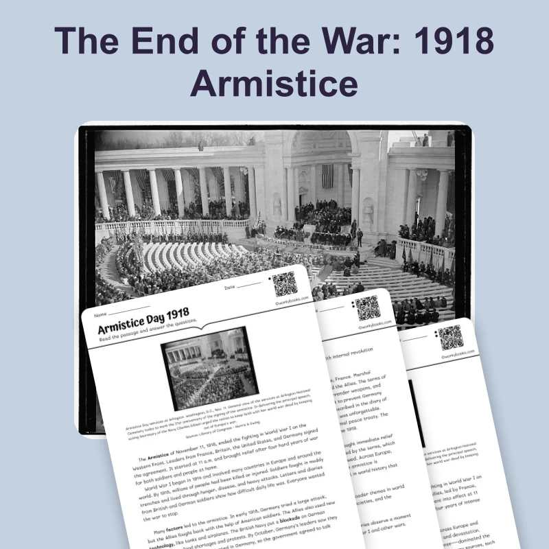 Armistice Day 1918 — reading — reading comprehension for Grade 5, Grade 6, Grade 7, Grade 8, page 1 of 4