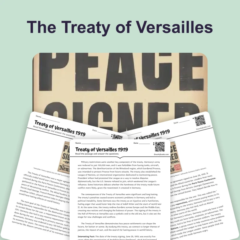 Treaty of Versailles 1919 — reading — reading comprehension for Grade 5, Grade 6, Grade 7, Grade 8, page 1 of 4