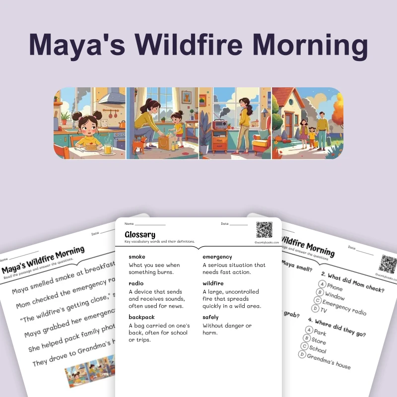 Maya and Wildfire — ela — reading comprehension for Grade 1, Grade 2, Grade 3, Grade 4, page 1 of 4