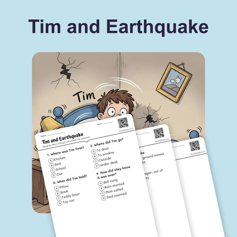 Tim and Earthquake — ela — reading comprehension for Grade 1, Grade 2, Grade 3, Grade 4, page 1 of 4