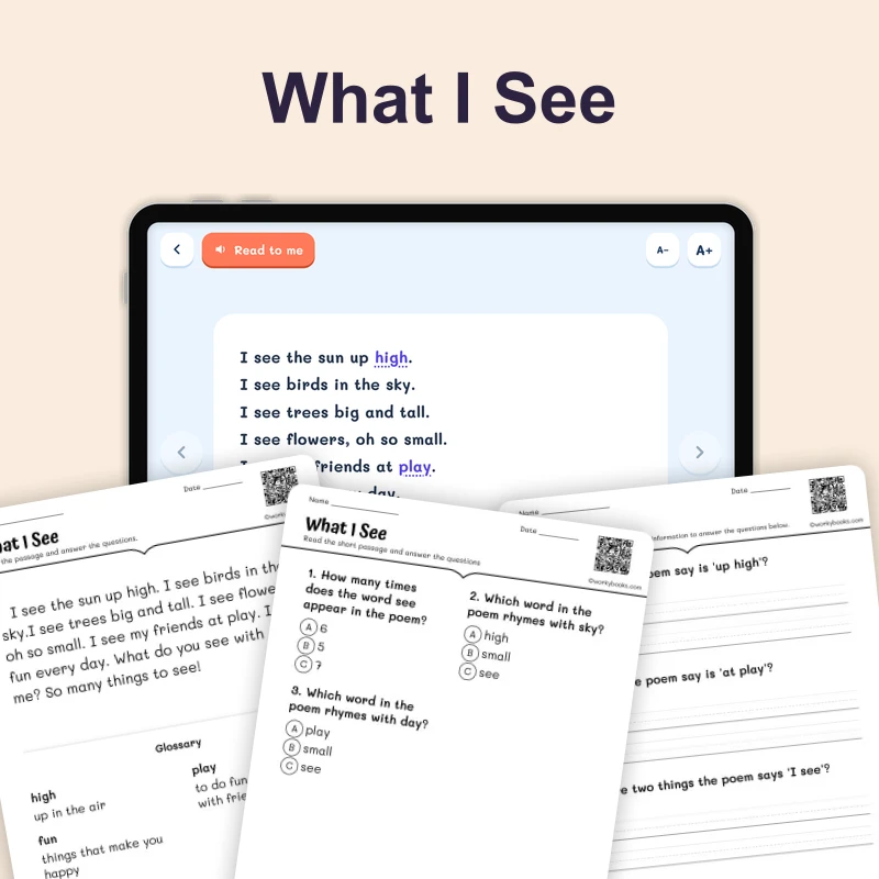 What I See — Sight Word — ela — reading comprehension for Grade K, Grade 1, page 1 of 4