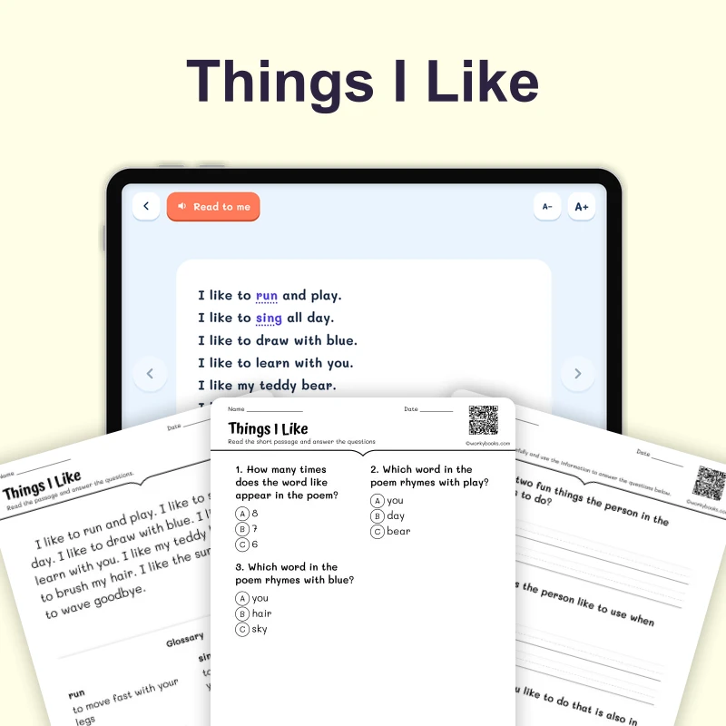 Things I Like — Sight Word — ela — reading comprehension for Grade K, Grade 1, page 1 of 4