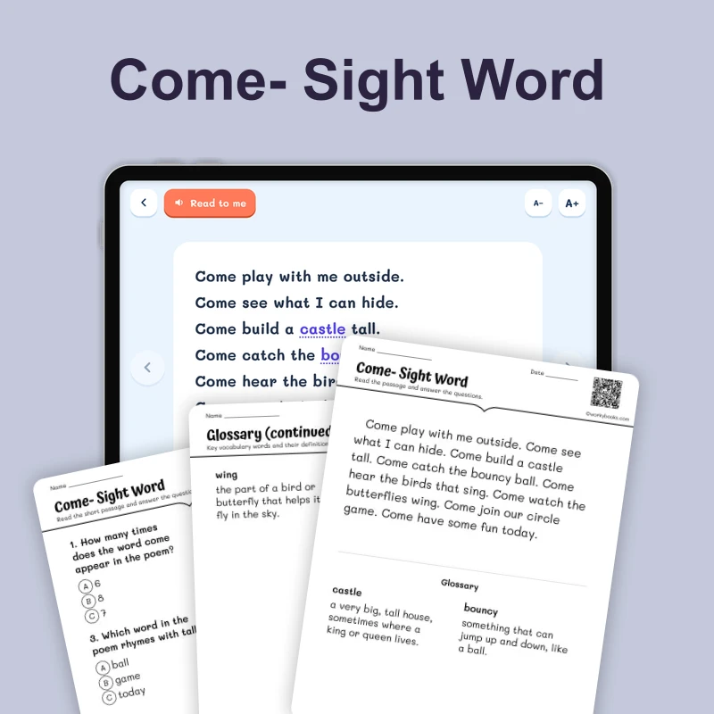 Come — Sight Word — ela — reading comprehension for Grade K, Grade 1, page 1 of 4