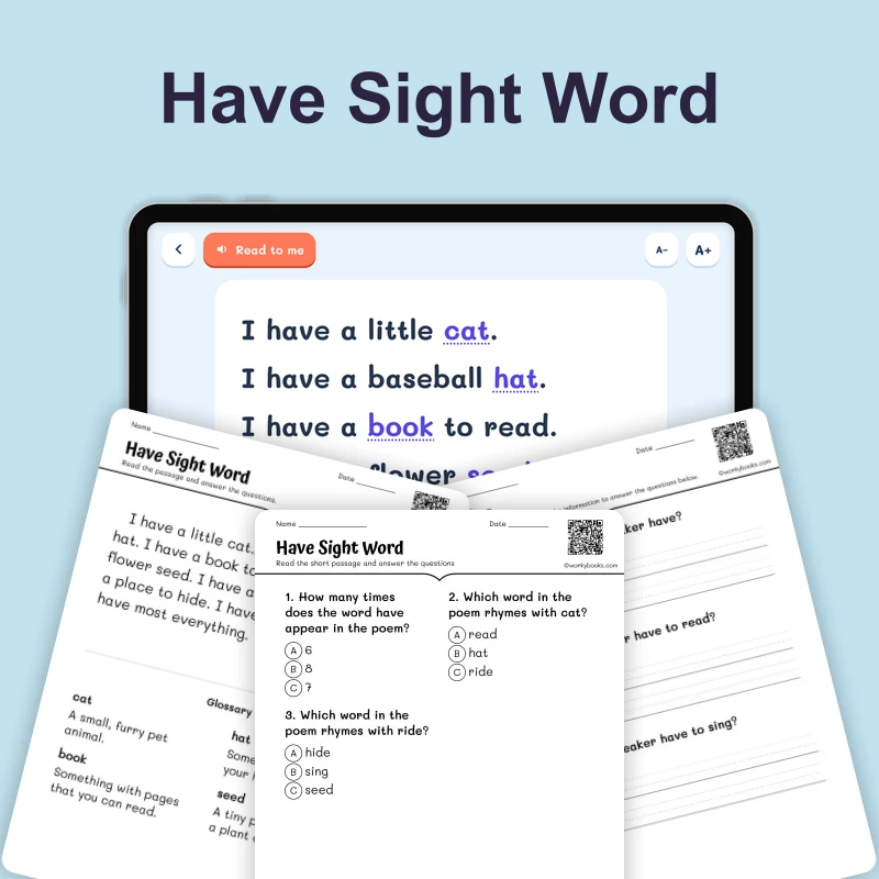 Have — Sight Word — ela — reading comprehension for Grade K, Grade 1, page 1 of 4