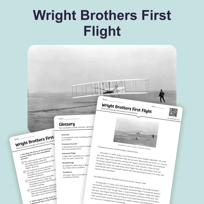 The Wright Brothers' First Flight — ela — reading comprehension for Grade 4, Grade 5, page 1 of 4