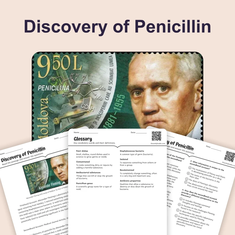 Discovery of Penicillin — ela — reading comprehension for Grade 4, Grade 5, page 1 of 4