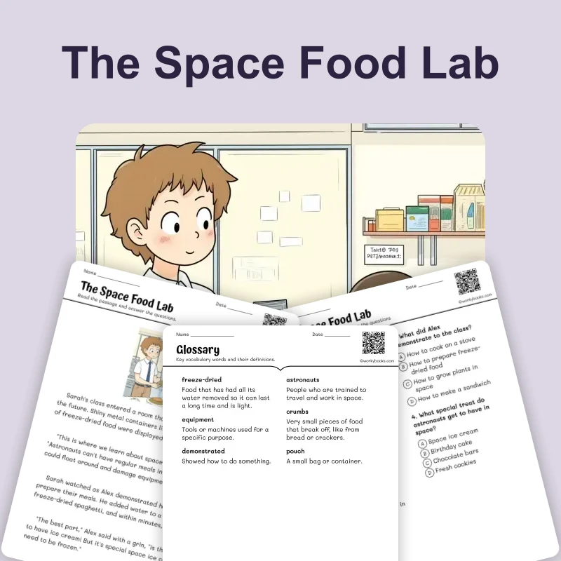 The Space Food Lab — ela — reading comprehension for Grade 2, Grade 3, Grade 4, page 1 of 4