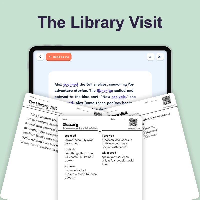 The Library Visit — Making Inference — ela — reading comprehension for Grade 3, Grade 4, Grade 5, Grade 6, page 1 of 4