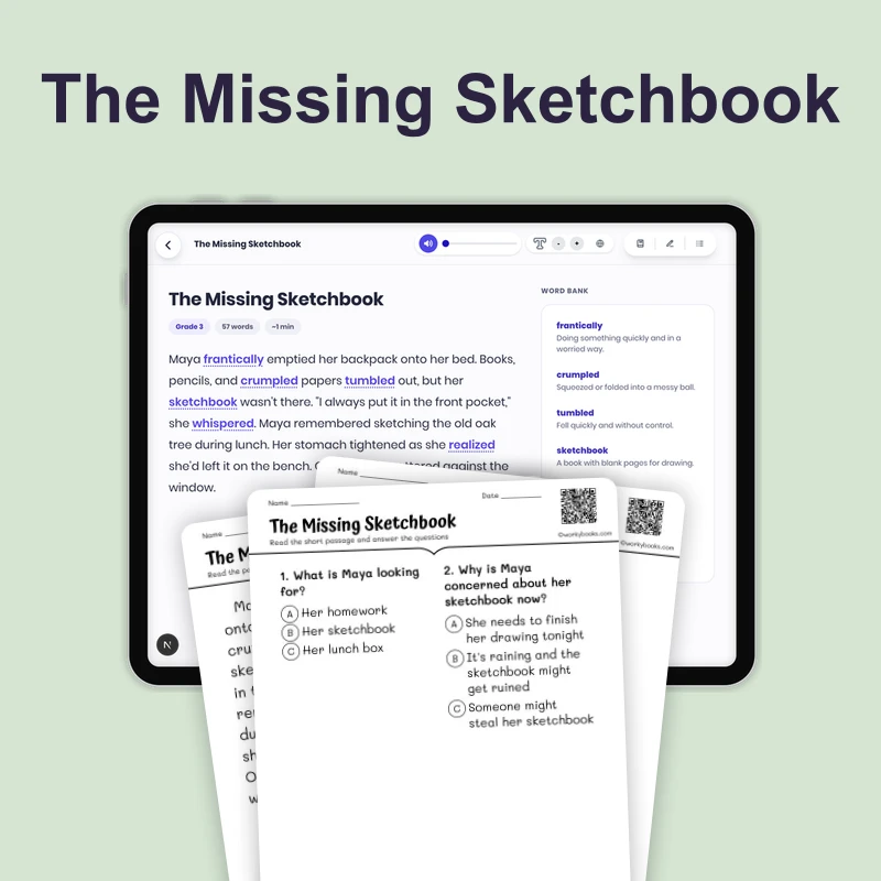 The Missing Sketchbook — ela — reading comprehension for Grade 3, Grade 4, Grade 5, Grade 6, page 1 of 4