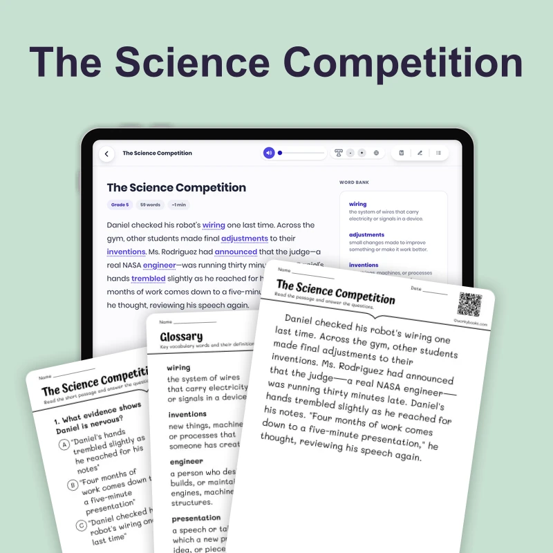 The Science Competition — ela — reading comprehension for Grade 3, Grade 4, Grade 5, Grade 6, page 1 of 4