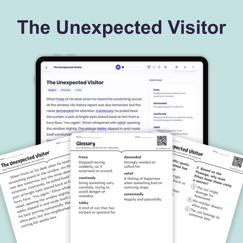 The Unexpected Visitor — ela — reading comprehension for Grade 3, Grade 4, Grade 5, Grade 6, page 1 of 4
