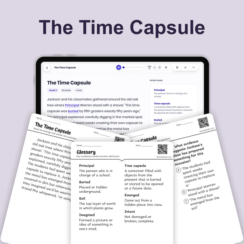 The Time Capsule — ela — reading comprehension for Grade 3, Grade 4, Grade 5, Grade 6, page 1 of 4
