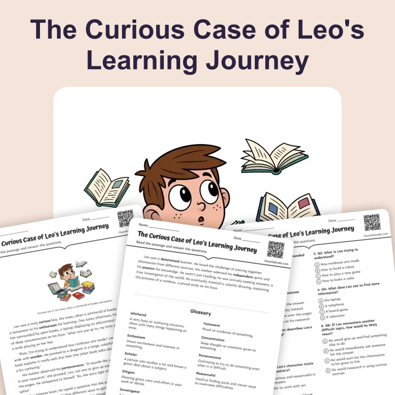 The Curious Leo — ela — reading comprehension for Grade 3, Grade 4, Grade 5, Grade 6, page 1 of 4