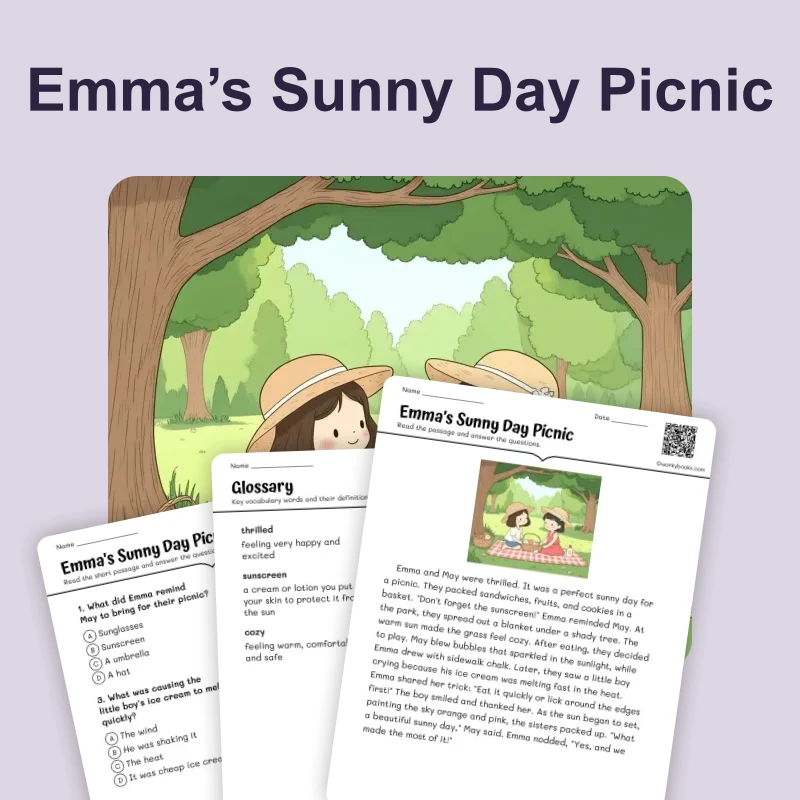 Emma's Sunny Day Picnic-Short Story — ela — reading comprehension for Grade 1, Grade 2, Grade 3, page 1 of 4