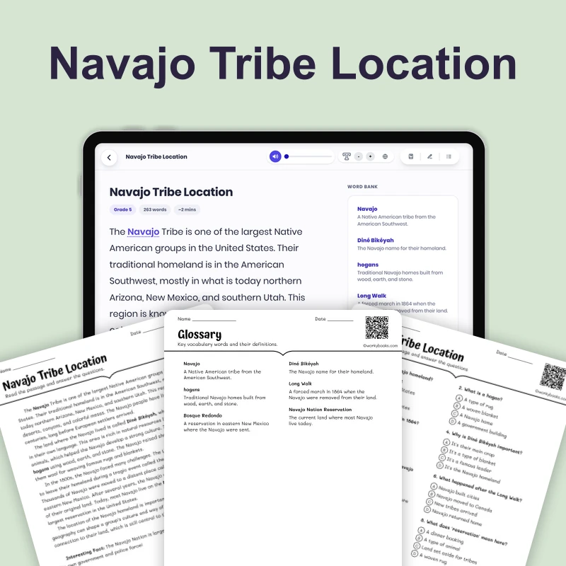 Navajo Tribe Location — ela — reading comprehension for Grade 5, Grade 6, Grade 7, Grade 8, page 1 of 4