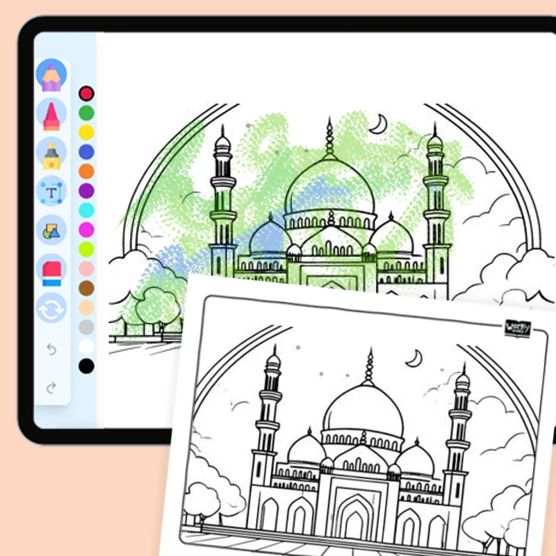 Praying in the mosque — coloring-pages coloring page for Grade 1, Grade 2, Grade 3, Grade 4, Grade 5, page 1 of 1