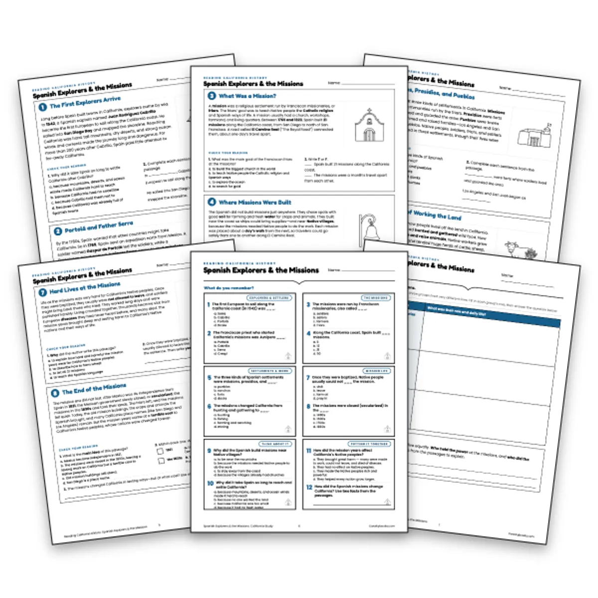 Spanish Explorers & the Missions in California — ela worksheet for Grade 3, Grade 4, Grade 5, page 1 of null