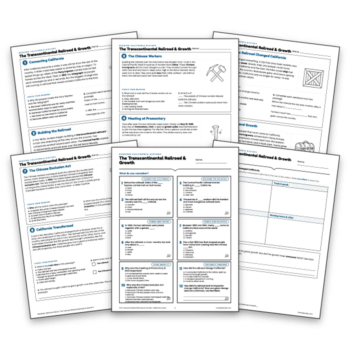 The Transcontinental Railroad & Growth — ela worksheet for Grade 3, Grade 4, Grade 5, page 1 of null