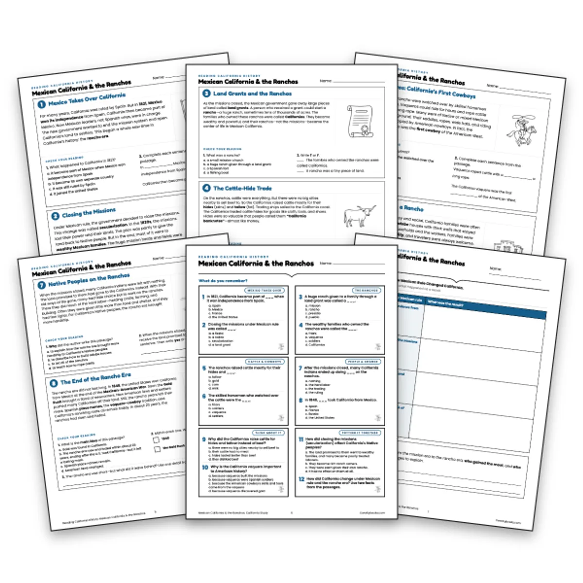 Mexican California & the Ranchos — ela worksheet for Grade 3, Grade 4, Grade 5, page 1 of null