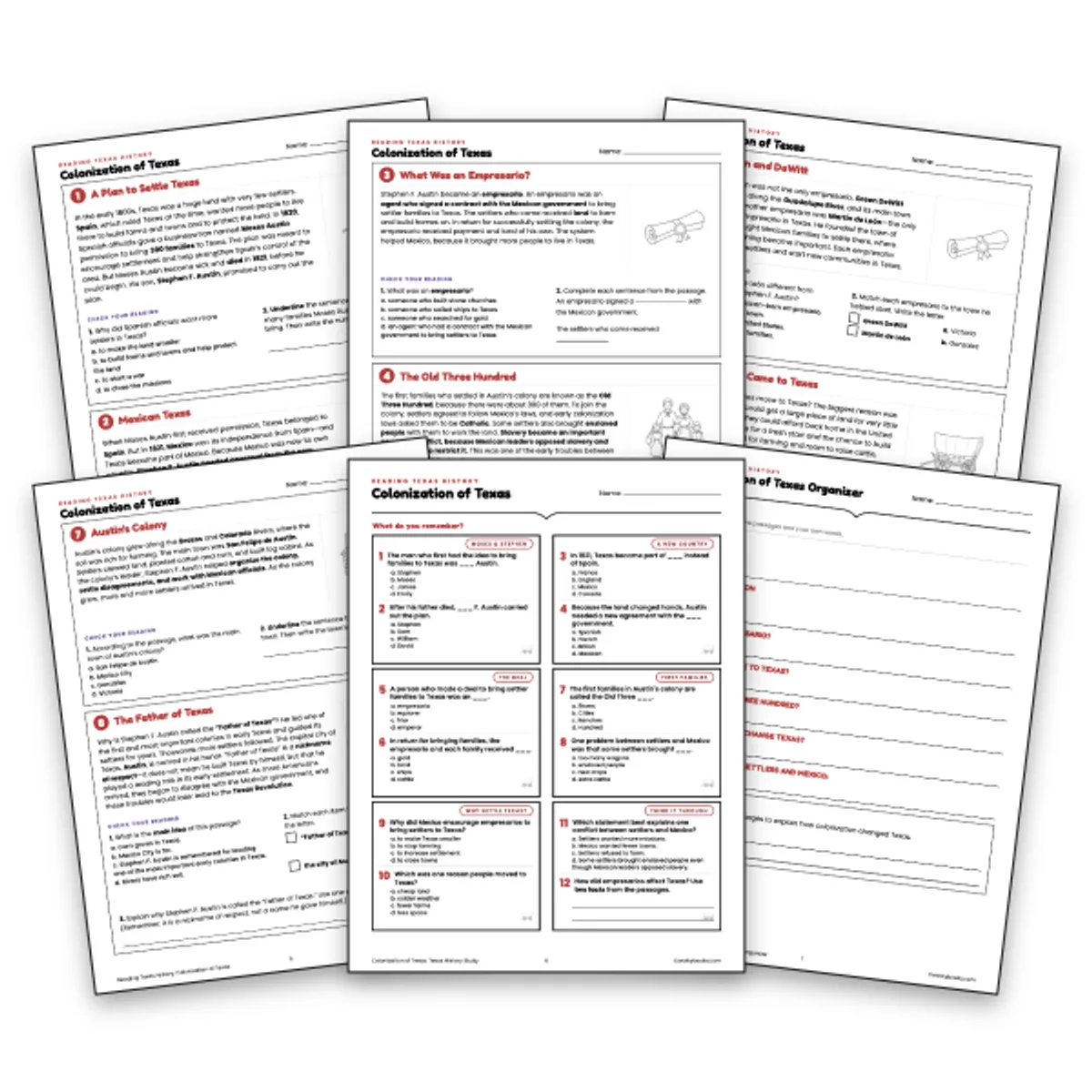 Colonization of Texas — ela worksheet for Grade 3, Grade 4, Grade 5, page 1 of null