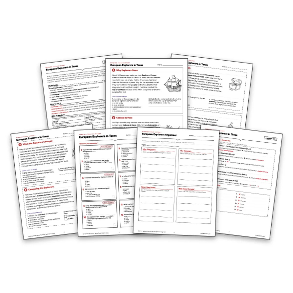 European Explorers in Texas — ela worksheet for Grade 3, Grade 4, Grade 5, page 1 of null
