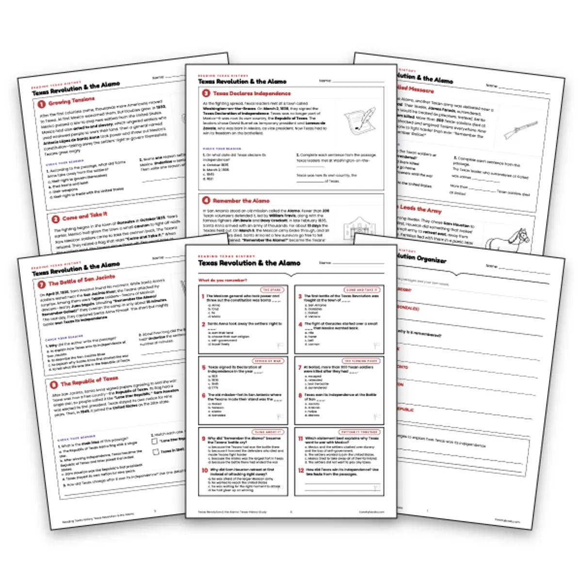 Texas Revolution & the Alamo — ela worksheet for Grade 3, Grade 4, Grade 5, page 1 of null