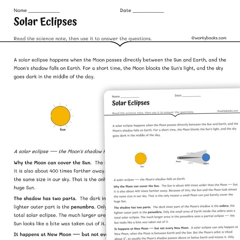 Solar Eclipses — science worksheet for Grade 6, Grade 7, Grade 8, page 1 of null