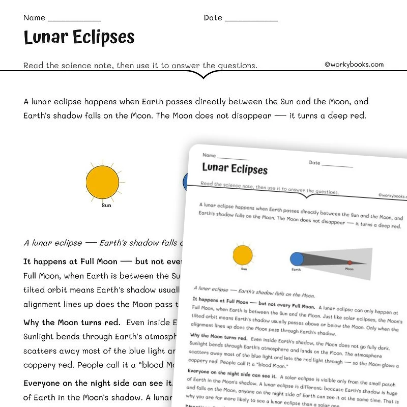 Lunar Eclipses — science worksheet for Grade 6, Grade 7, Grade 8, page 1 of null