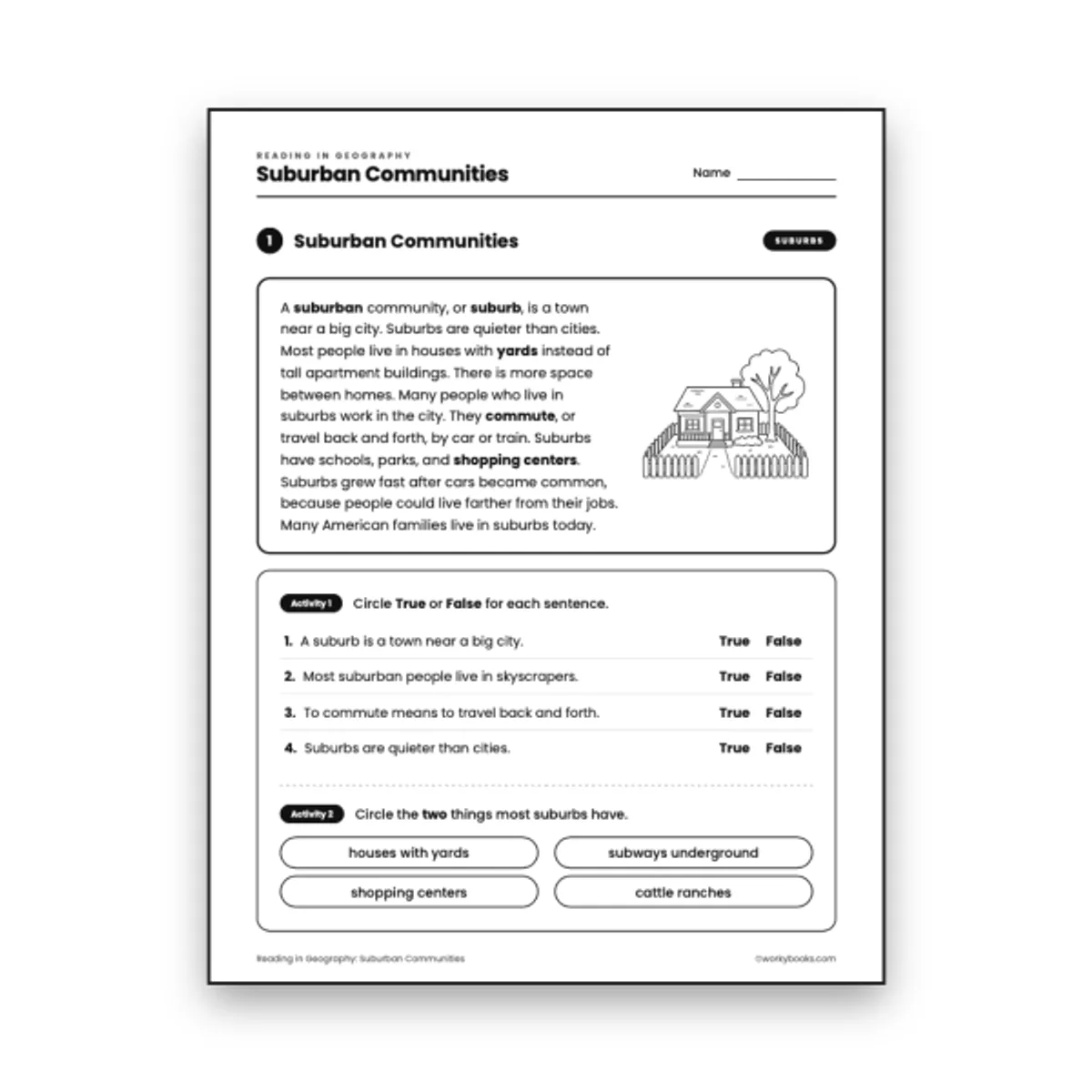 Suburban Communities — ela worksheet for Grade 3, page 1 of null